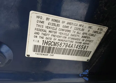 2004 Honda Accord 2.4 Ex z USA, uszkodzony, nr VIN 1HGCM56794A145591